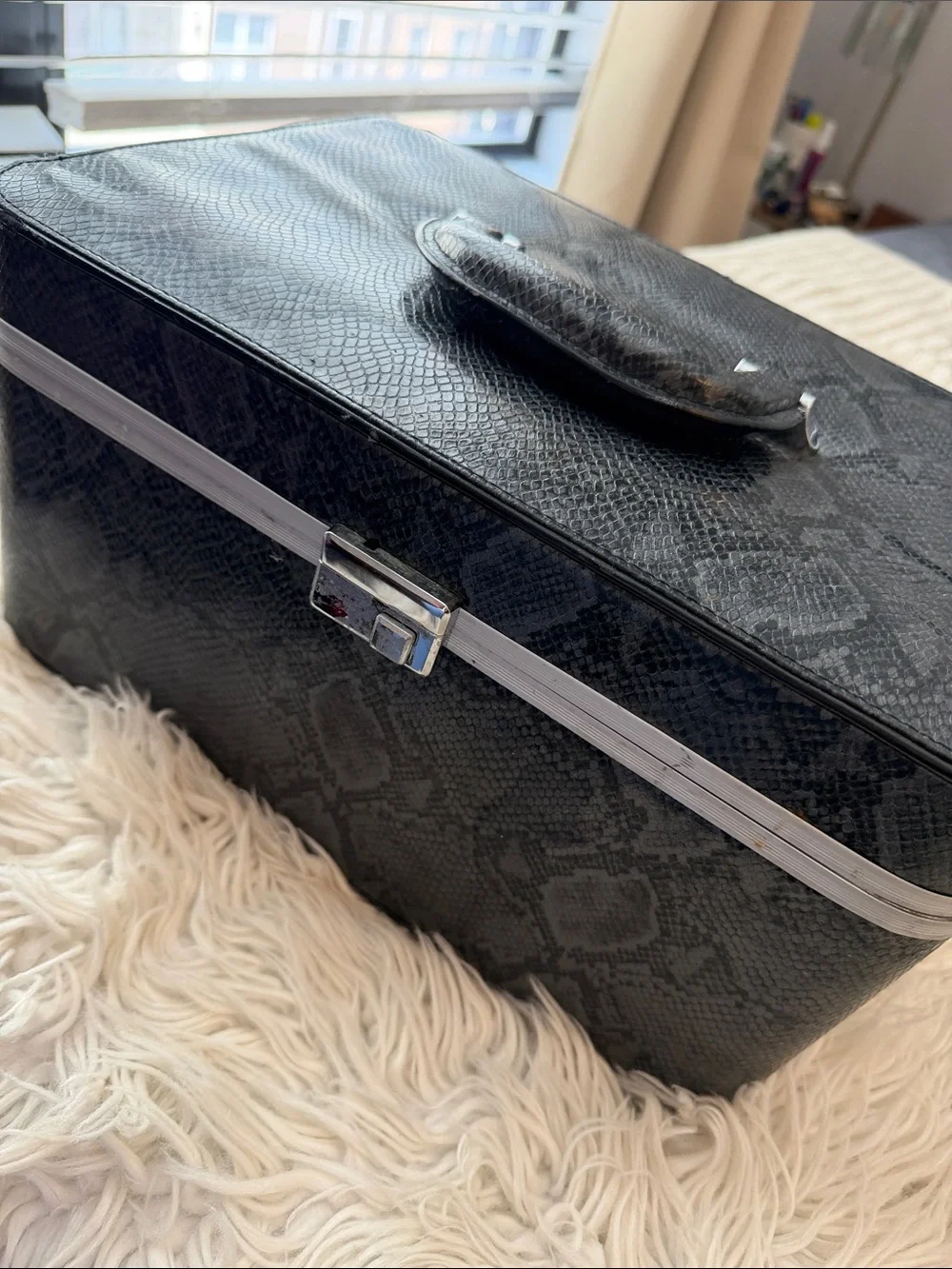 Black Faux Snakeskin Train Case